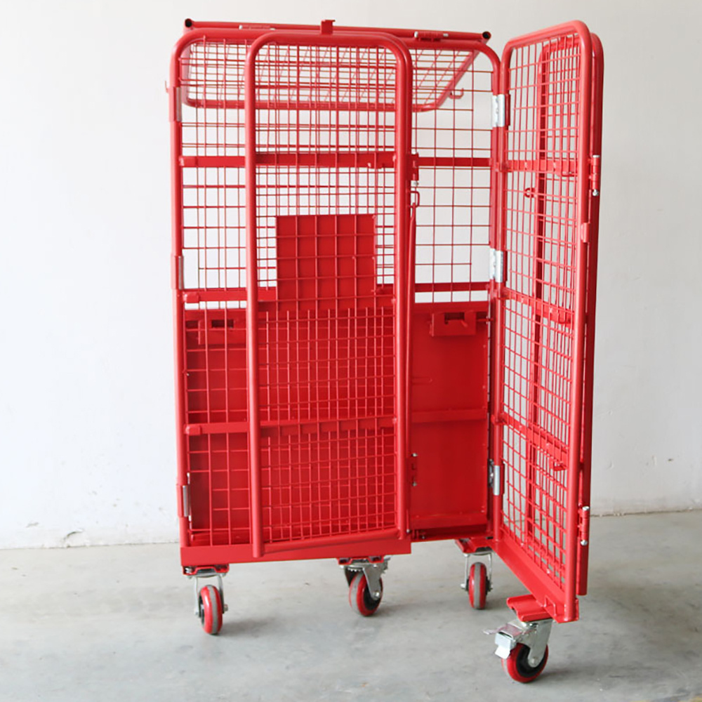 2023 Hot Products 4 Sided Storage Folding Metal Steel Cargo big Large Laundry Cart Rolling Mesh Cage Containers For Sale