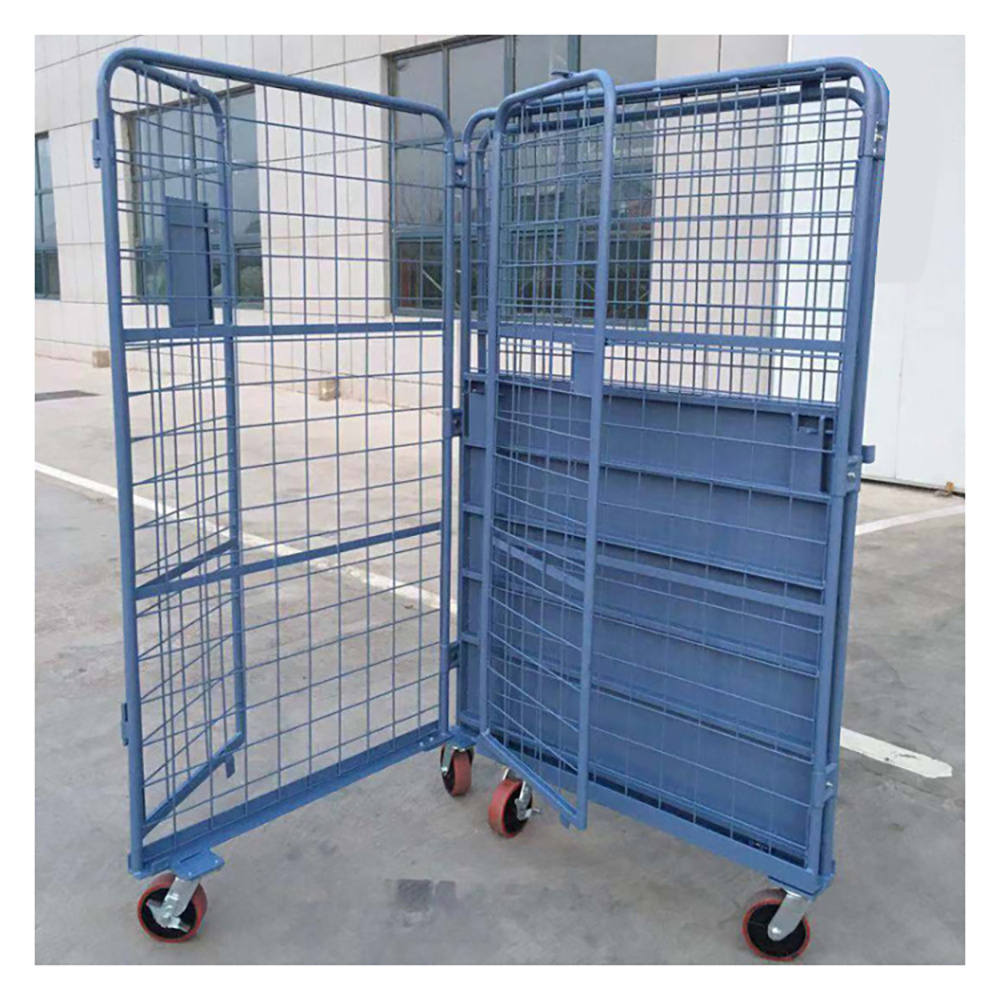 2023 Hot Products 4 Sided Storage Folding Metal Steel Cargo big Large Laundry Cart Rolling Mesh Cage Containers For Sale