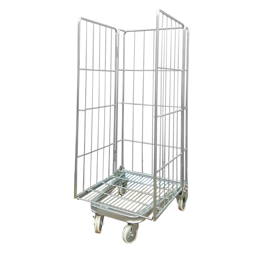 2023 Hot Products 4 Sided Storage Folding Metal Steel Cargo big Large Laundry Cart Rolling Mesh Cage Containers For Sale