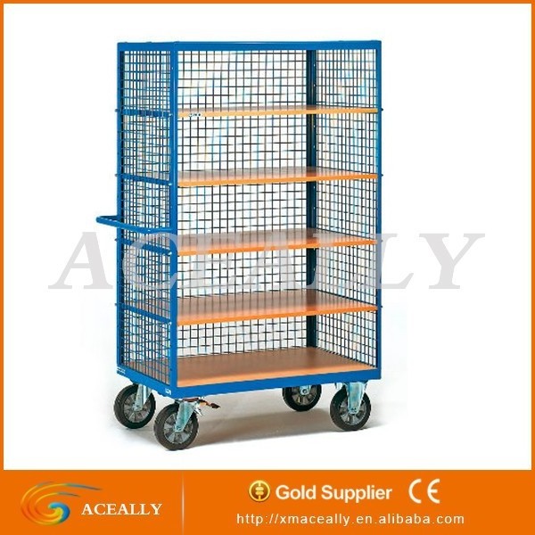 galvanized steel wire roll container 500kg platform trolley 2 shelf trolley folding shelf trolley