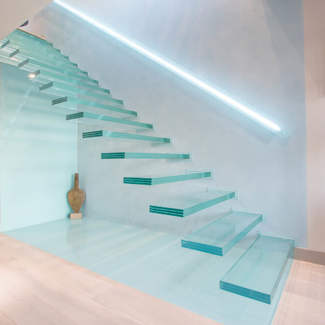 Laminated tempered glass stair treads floating stairs with glass railing