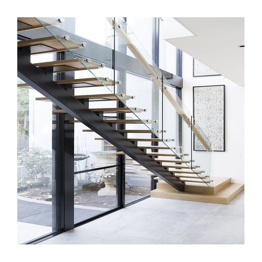 Double Beam Wood Staircase/Step Ladder with Glass Railing China made modular staircase