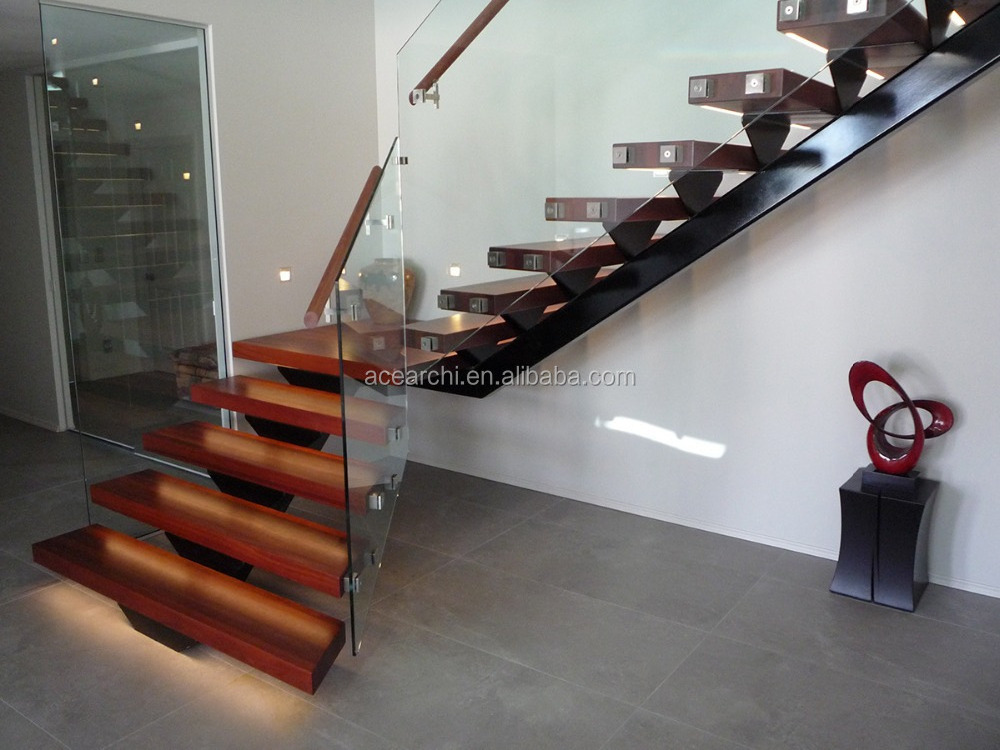 Indoor carbon steel mono stringer straight stair tread brackets with solid wooden staircase steps