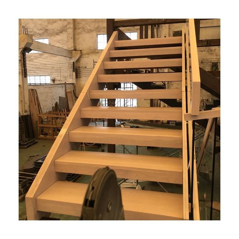 Pre installation stair part wood stair tread and railing two side metal stringer with white oak veneer residential staircase