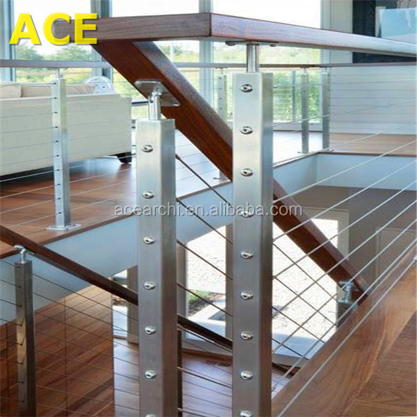 ACE Stainless Steel Square Post Wire Railing with Timber Handrail