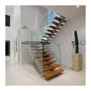 Indoor carbon steel mono stringer straight stair tread brackets with solid wooden staircase steps