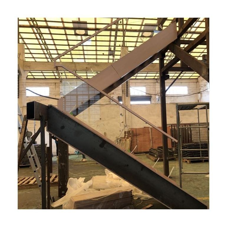 Pre installation stair part wood stair tread and railing two side metal stringer with white oak veneer residential staircase