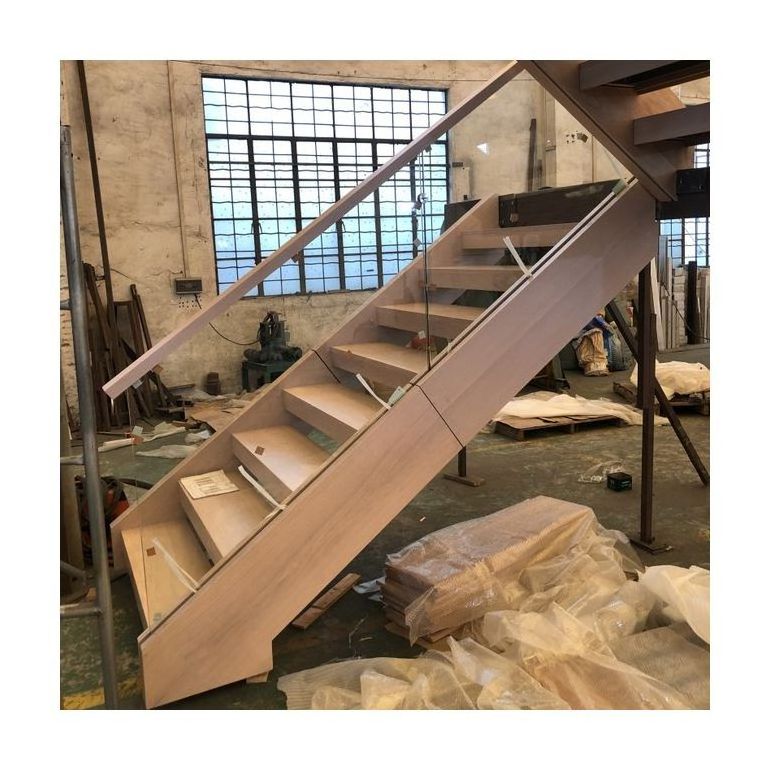 Pre installation stair part wood stair tread and railing two side metal stringer with white oak veneer residential staircase