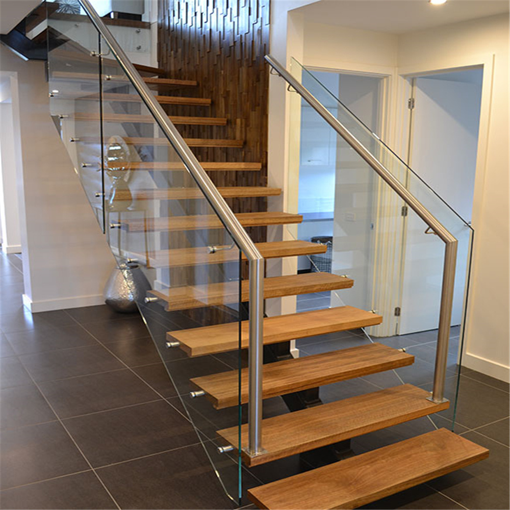 Indoor carbon steel mono stringer straight stair tread brackets with solid wooden staircase steps