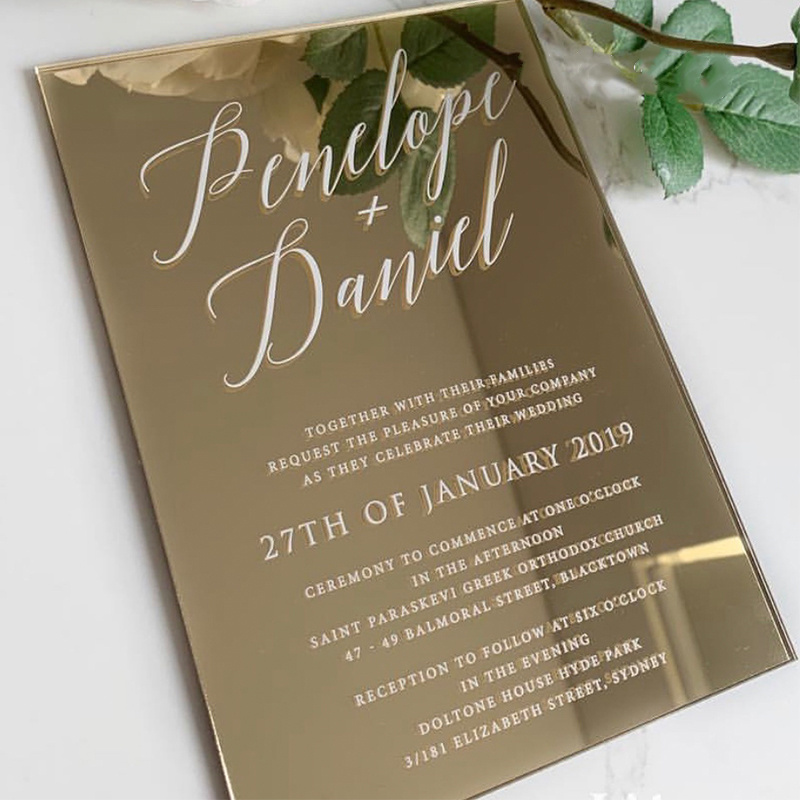 Gold Mirror Acrylic Invitations White Printing Letters Gold Business Invitation