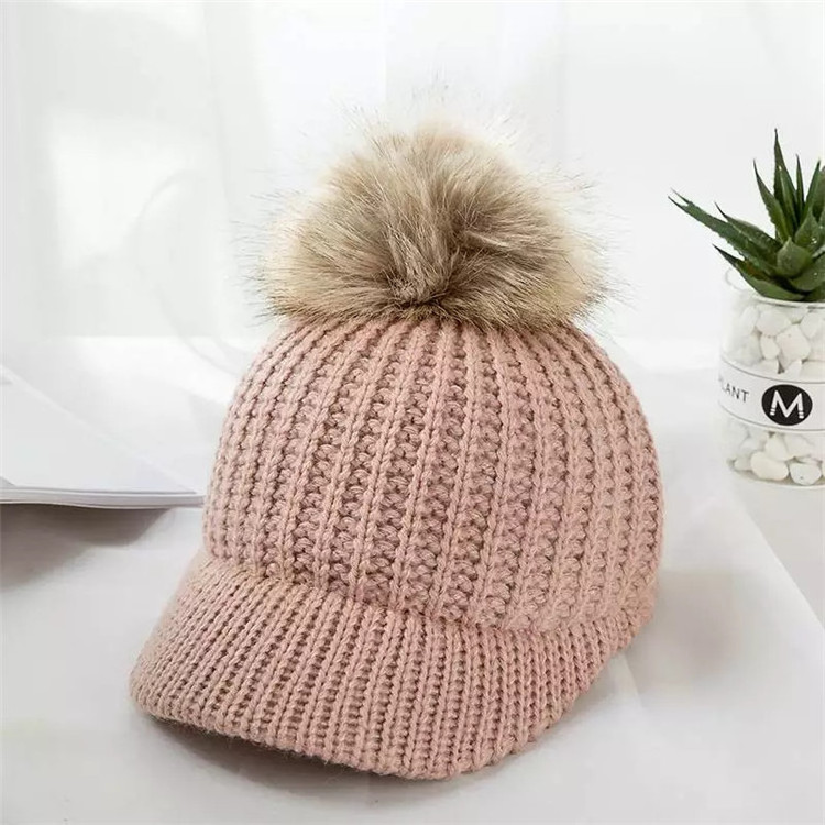 Winter Baby Hat Fur Pompom Ball Kids Knitted Baseball Cap Adjustable Solid Color Boys Girls Sun Hats Caps