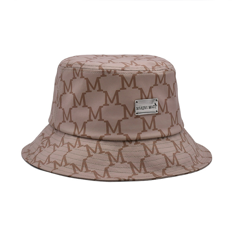 Brand style brown bucket hat 100% polyester quality sublimated bucket hat with metal patch logo