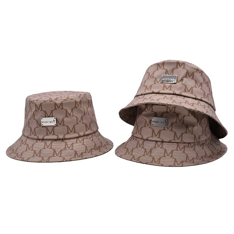 Brand style brown bucket hat 100% polyester quality sublimated bucket hat with metal patch logo