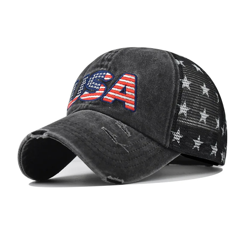 Custom Vintage Trucker Hat Embroidery Usa Flag Breathable Distressed Mesh Baseball Trucker Cap For Man