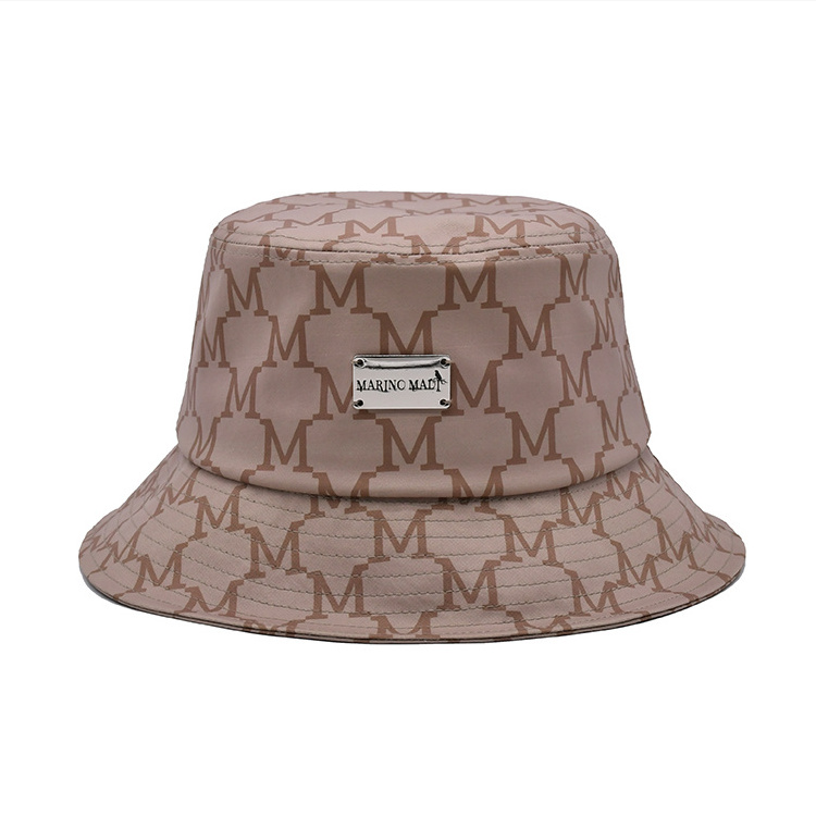 Brand style brown bucket hat 100% polyester quality sublimated bucket hat with metal patch logo