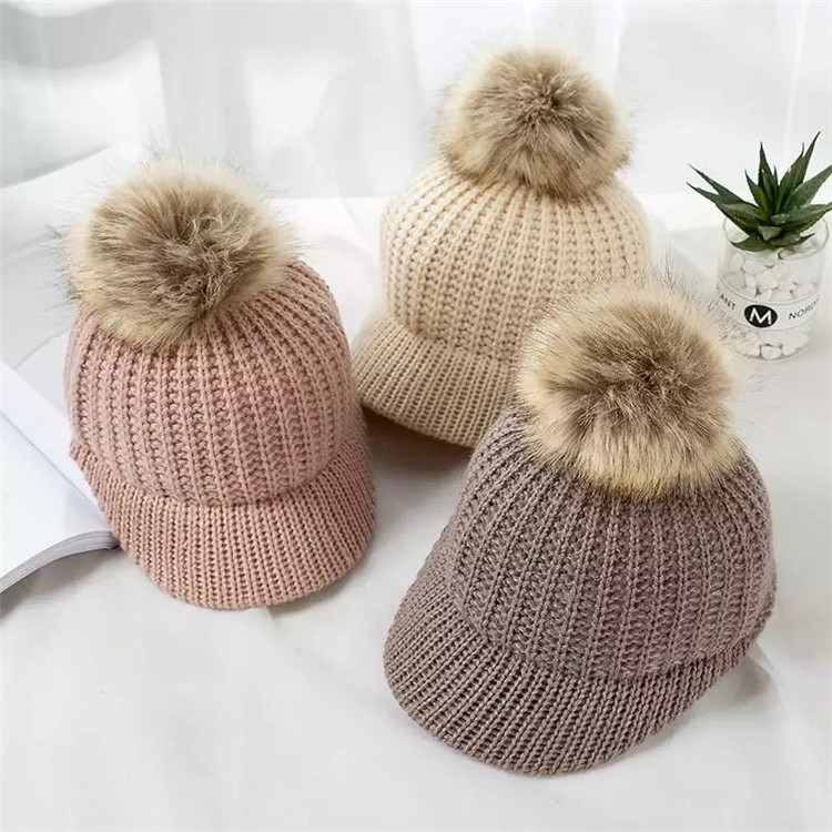 Winter Baby Hat Fur Pompom Ball Kids Knitted Baseball Cap Adjustable Solid Color Boys Girls Sun Hats Caps