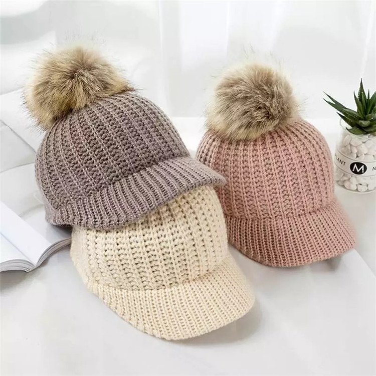 Winter Baby Hat Fur Pompom Ball Kids Knitted Baseball Cap Adjustable Solid Color Boys Girls Sun Hats Caps