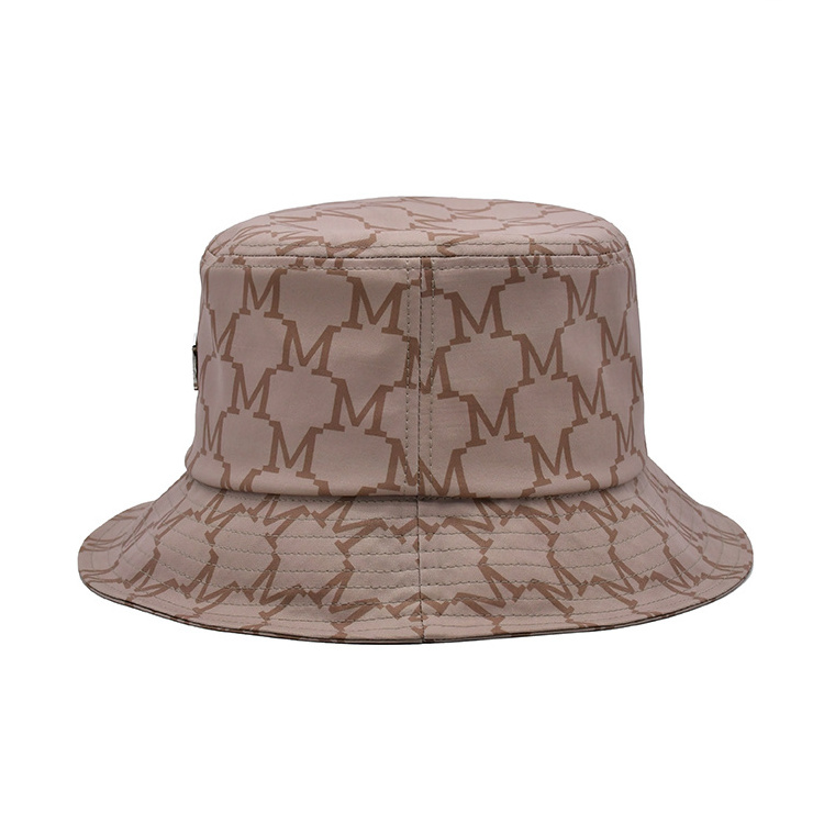 Brand style brown bucket hat 100% polyester quality sublimated bucket hat with metal patch logo