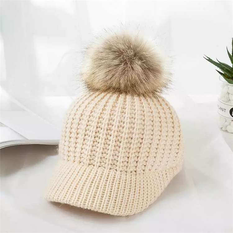 Winter Baby Hat Fur Pompom Ball Kids Knitted Baseball Cap Adjustable Solid Color Boys Girls Sun Hats Caps