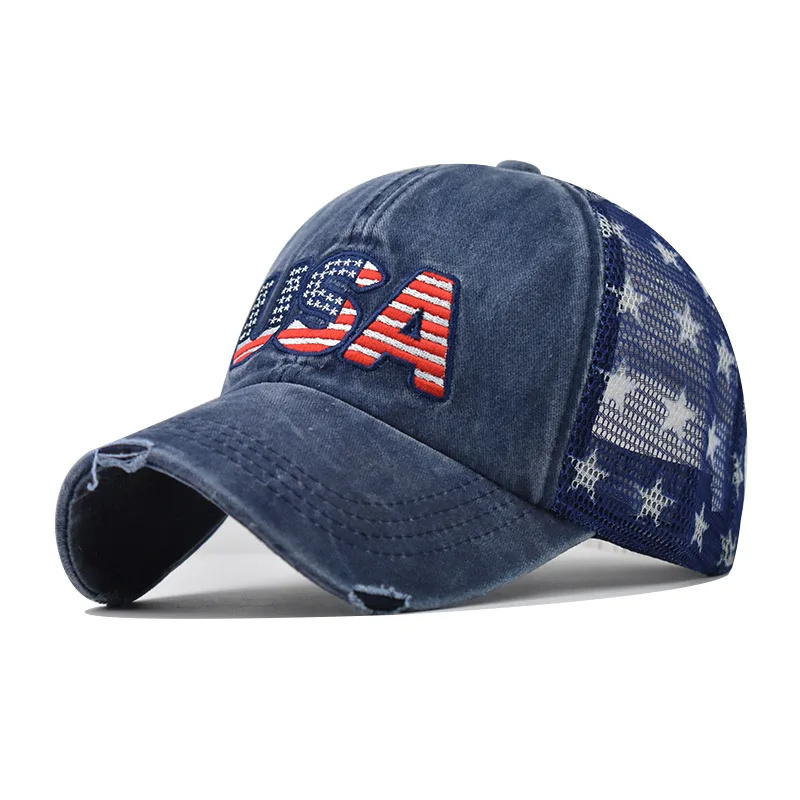 Custom Vintage Trucker Hat Embroidery Usa Flag Breathable Distressed Mesh Baseball Trucker Cap For Man