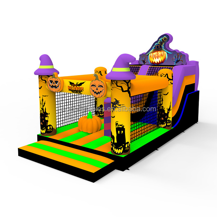 commercial bouncy castle fun run game playground with slide combo small halloween pumpkin theme inflatable obstacle course