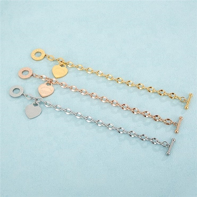 Yiwu Aceon Stainless Steel Carved O Shape Link Chain Company Name Engraved Toggle Clasp Stamped Peach Heart Bracelet