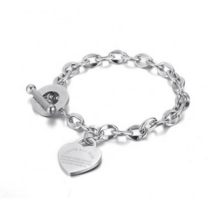 Yiwu Aceon Stainless Steel Carved O Shape Link Chain Company Name Engraved Toggle Clasp Stamped Peach Heart Bracelet