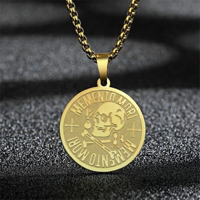 Yiwu Aceon Stainless Steel Engraved Raised Edge Stoicism Embossed Memory Coin Philosophy Skull Chemical Sign Pendant