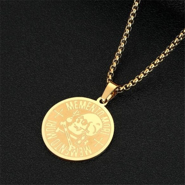 Yiwu Aceon Stainless Steel Engraved Raised Edge Stoicism Embossed Memory Coin Philosophy Skull Chemical Sign Pendant