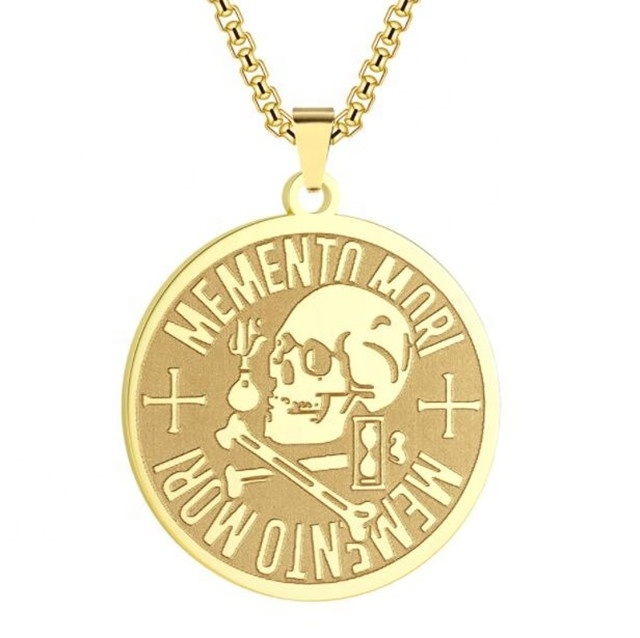 Yiwu Aceon Stainless Steel Engraved Raised Edge Stoicism Embossed Memory Coin Philosophy Skull Chemical Sign Pendant