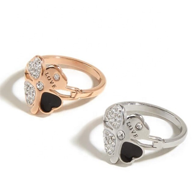 Yiwu Aceon Stainless Steel Women Lucky Fashion Jewelry Clay Stone Center Birthstone Love Letter Black Enamel Heart Clover Ring