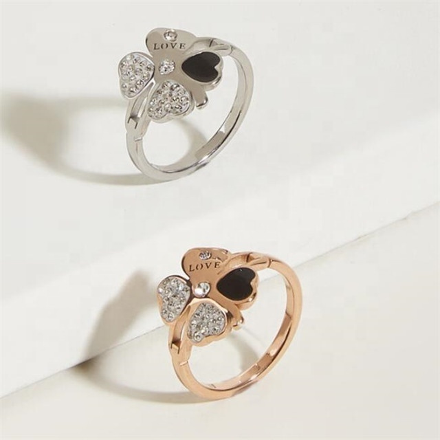 Yiwu Aceon Stainless Steel Women Lucky Fashion Jewelry Clay Stone Center Birthstone Love Letter Black Enamel Heart Clover Ring