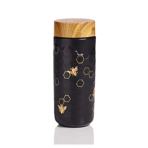 Acera Liven Honey Bee Ceramic Travel Mug / Gold 12.3 oz Crafted with Beautiful Minimalist Designs Excellent Engraving Technique