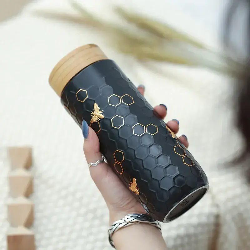 Acera Liven Honey Bee Travel Mug Gold 16 oz Crafted with Beautiful Minimalist Designs Pure Taste Modern Style