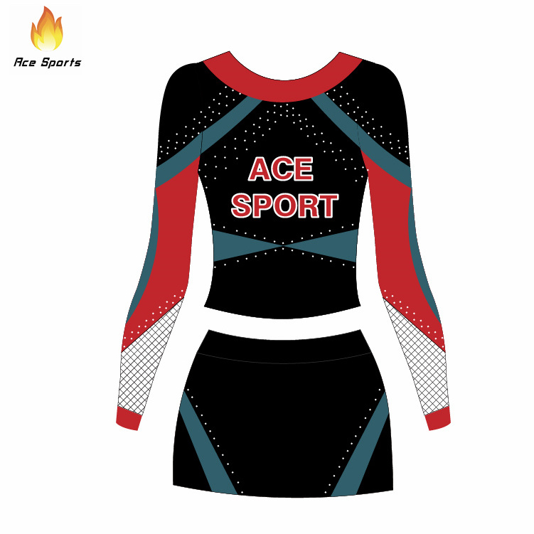 Ace Sports Custom American Competition Black And Red Long Sleeve Cheer Uniforms Youth Cheerleading Uniforms