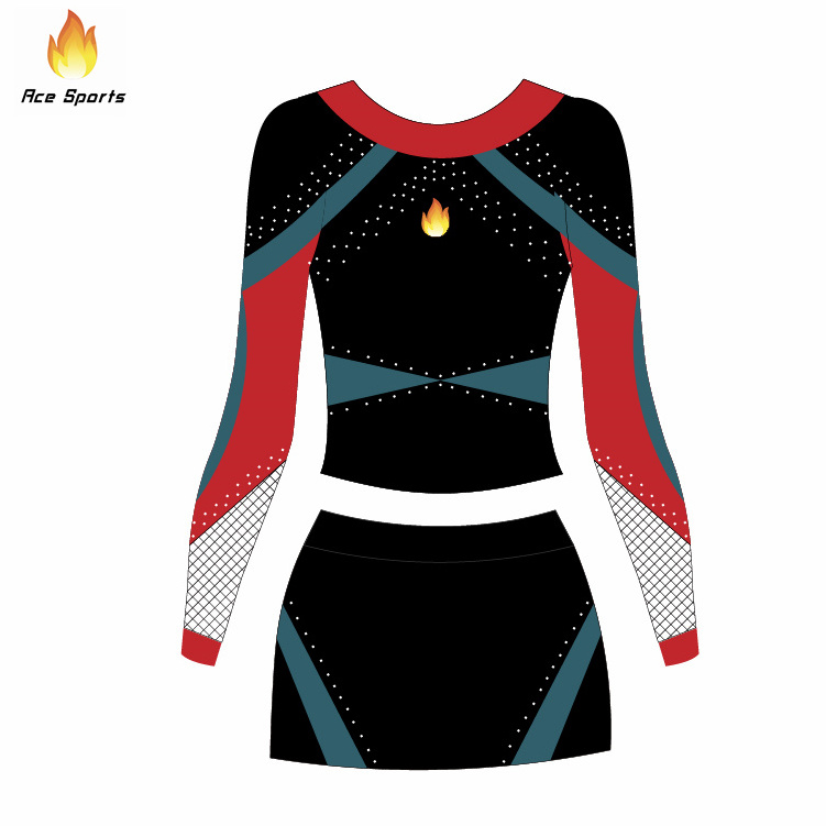 Ace Sports Custom American Competition Black And Red Long Sleeve Cheer Uniforms Youth Cheerleading Uniforms