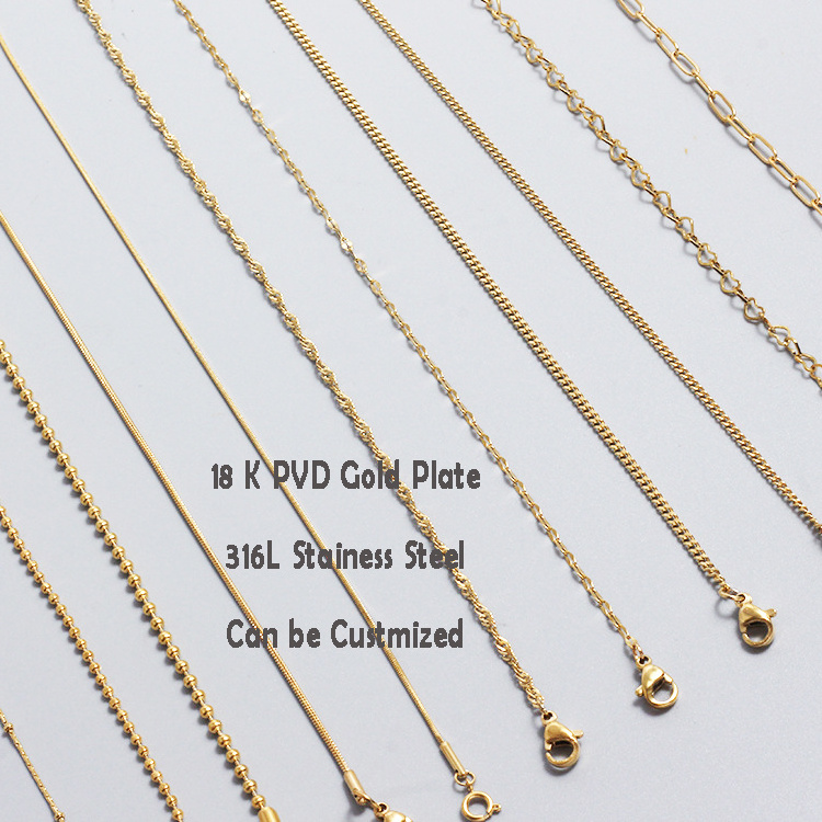 Non Tarnish No Fade collier Women Ins Stainless Steel Chain Pvd Gold Plated Bead Chain Necklace Gold Plated Snake Chain