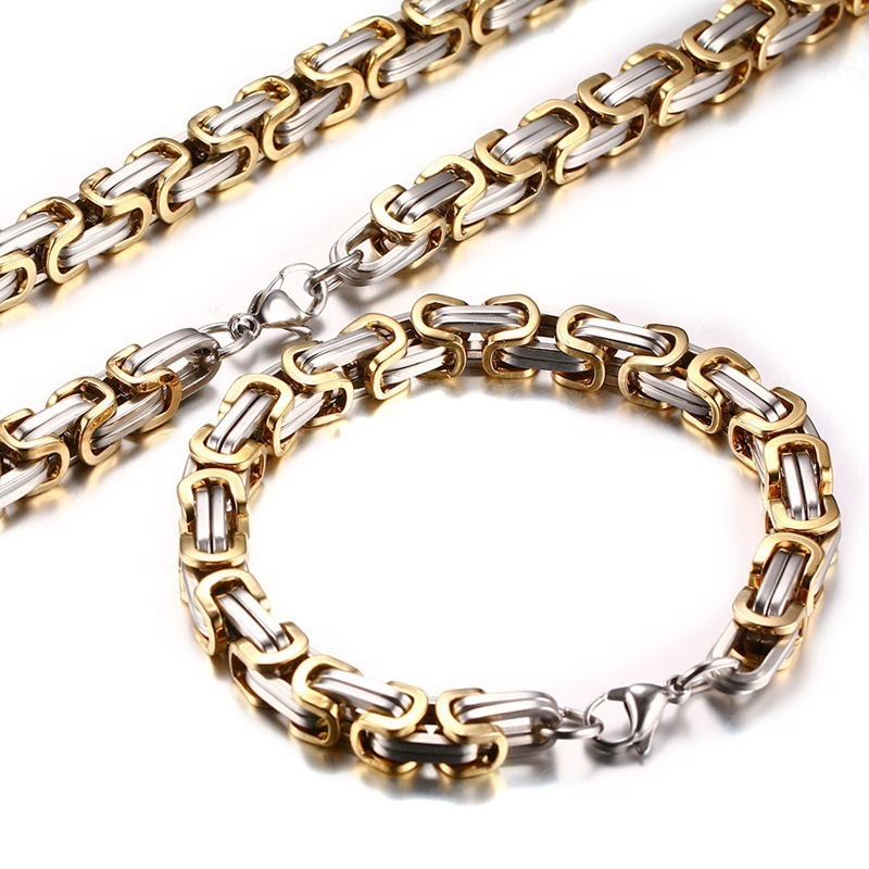 8MM Men's Punk Domineering Thick Chain Stainless Steel Byzantine Necklace Bracelet Fashion Exaggerated Mens Jewelry