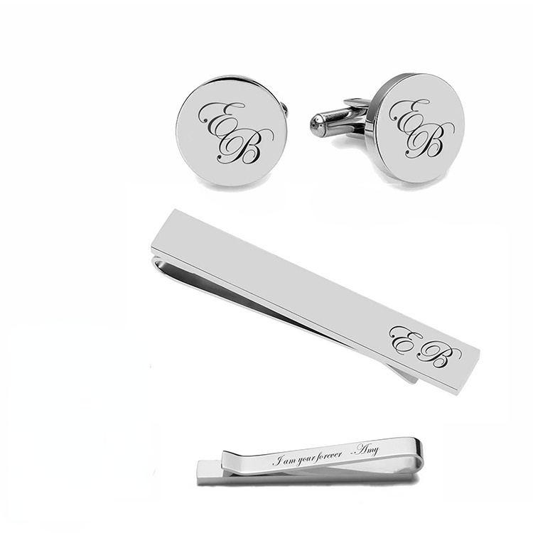 Custom logo Stainless Steel Engraved Cuff links Mens Personalized Cufflink Blank Men Cufflinks and Tie Clip set