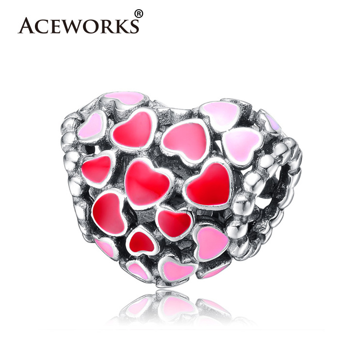 ACEWORKS 925 Sterling Silver European Enamel Heart Beads