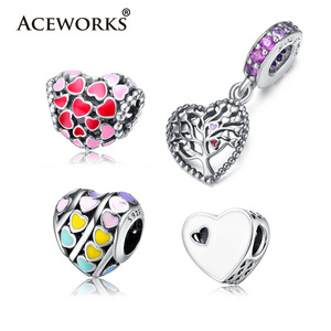 ACEWORKS 925 Sterling Silver European Enamel Heart Beads