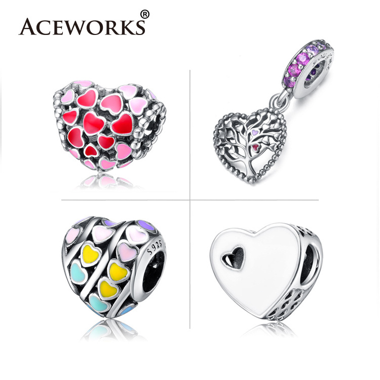 ACEWORKS 925 Sterling Silver European Enamel Heart Beads