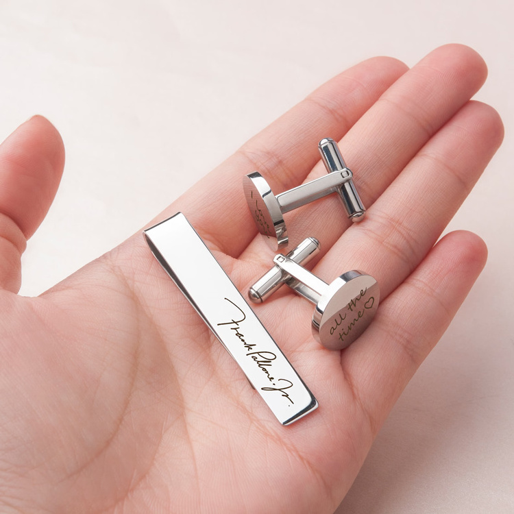 Custom logo Stainless Steel Engraved Cuff links Mens Personalized Cufflink Blank Men Cufflinks and Tie Clip set