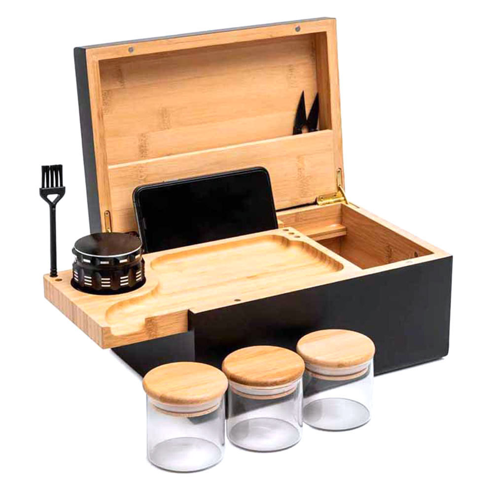 Factory Custom Combo Kit Bamboo Storage Boxes Classic Stash Box With Glass Jar & grinder