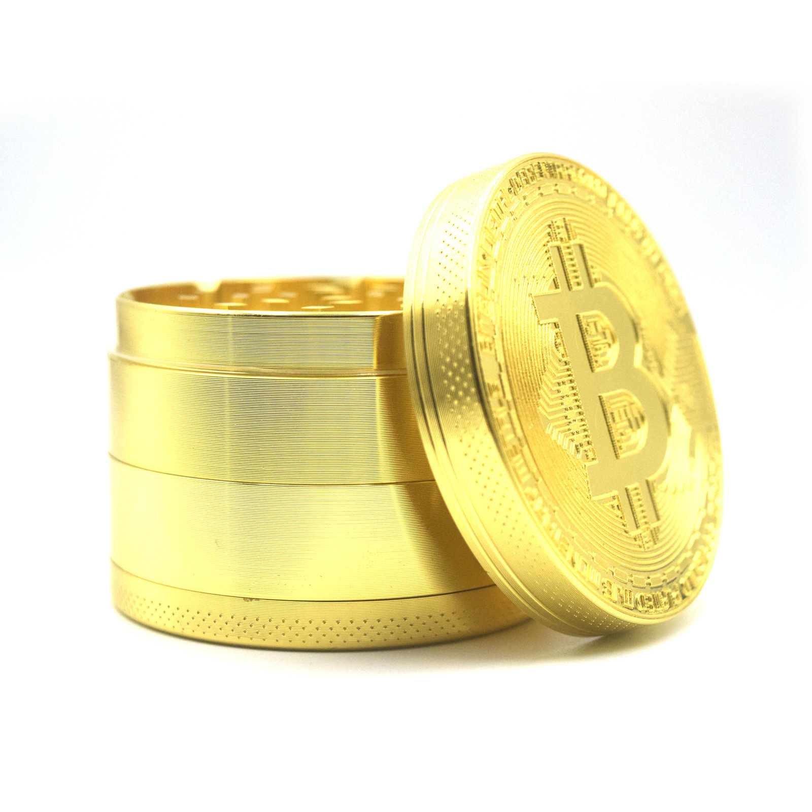 Wholesale BTC Coin Pattern Metal Tobacco Grinder Aluminum Alloy Dry Herb Spice 63mm Gold Grinder