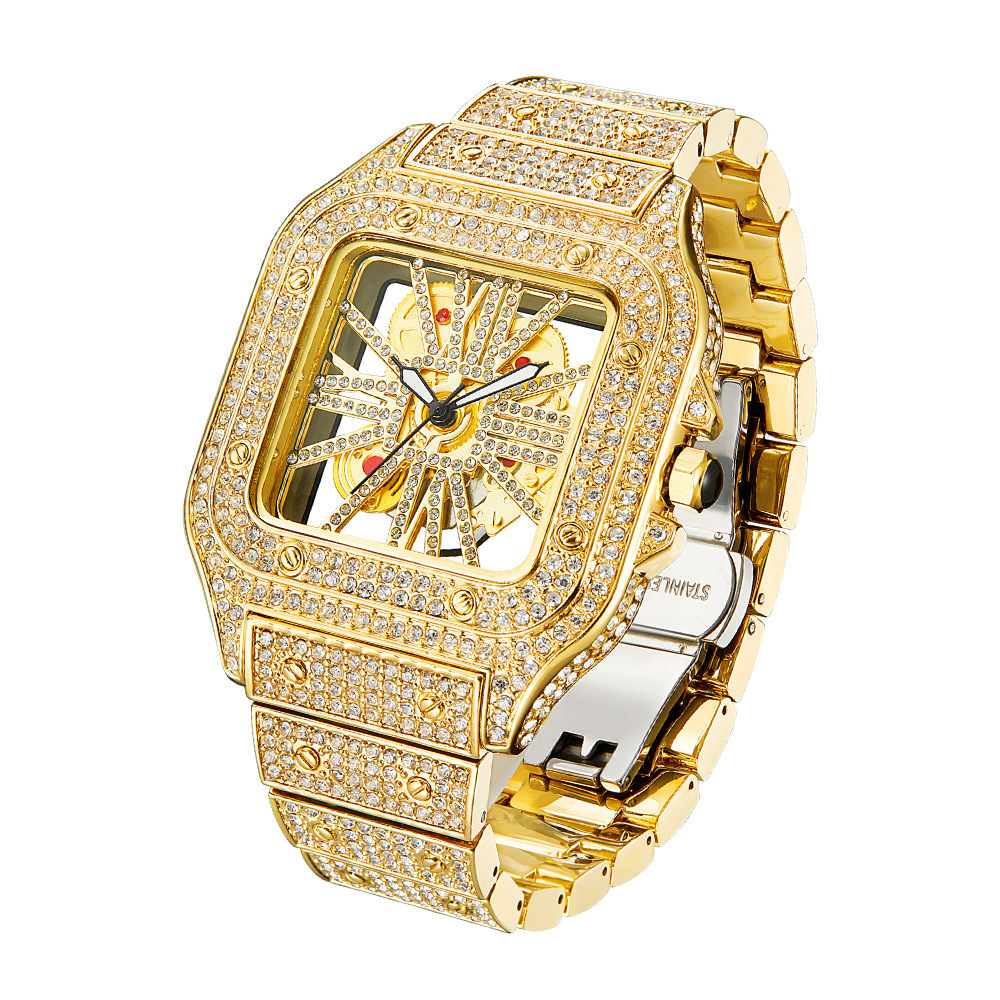 Factory Price Luxury Customize Hip Hop Jewelry Iced Out Diamond Japan Movement Waterproof Exactime Skeleton Square Quartz Watch