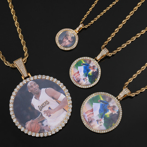 Custom iced out moissanite diamond cz bling bling stone big xxl round circle photo picture memory pendant Blank Frame necklace