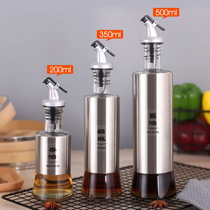 Mini Seasoning Bottle 500ml glass large-capacity seasoning bottle kitchen stainless steel oil and vinegar dispenser