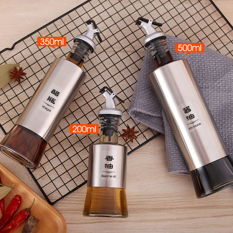 Mini Seasoning Bottle 500ml glass large-capacity seasoning bottle kitchen stainless steel oil and vinegar dispenser