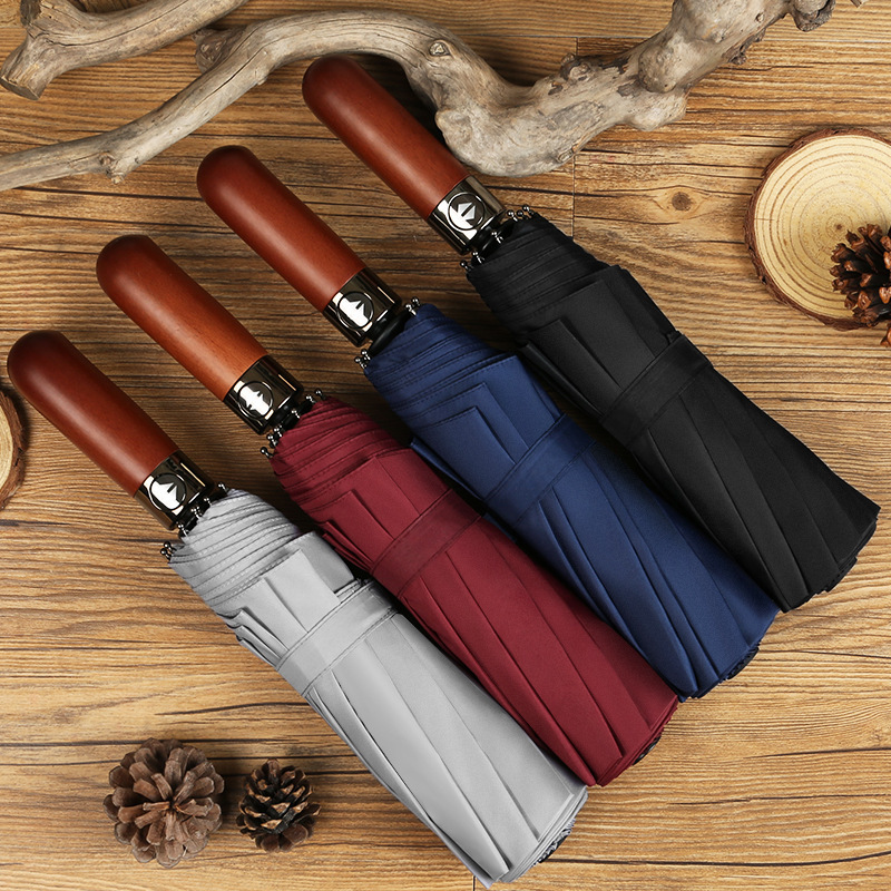 New Full-automatic Double-layer 10-bone Wind-resistant Wooden Handle Three-fold Manual Men's Business umbrella